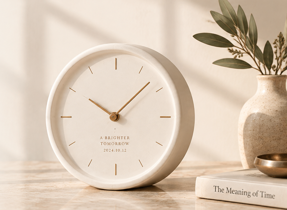 A white keepsake clock engraved with a personal date, styled with a ceramic vase of olive branches, a brass bowl, and the book The Meaning of Time.