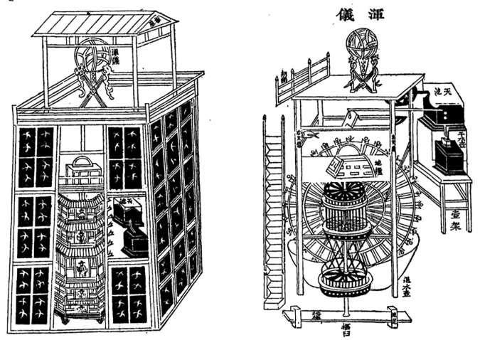 Two woodcut diagrams from Xin Yixiang Fayao: the clock tower elevation and the water-driven wheel with escapement and armillary sphere.